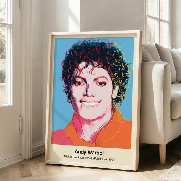 Celebrity pop art portrait of Michael Jackson rendered in pale blue, black, and bright pink in bold Warhol-inspired style.