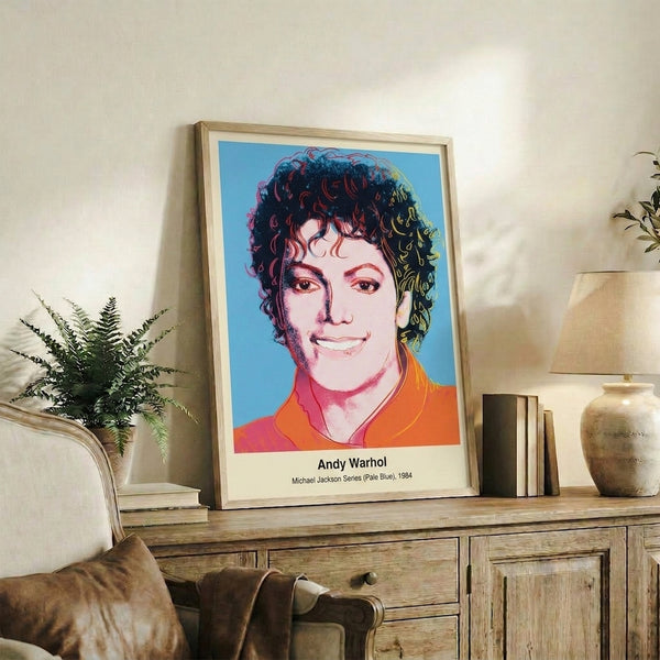 Modern Bauhaus-influenced pop art portrait featuring Michael Jackson's face in pale blue, white, and pink on a framed wall print.