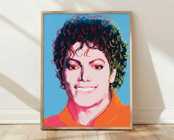 Pop art portrait of Michael Jackson in pale blue tones, framed poster inspired by 1980s celebrity imagery and screen print techniques.