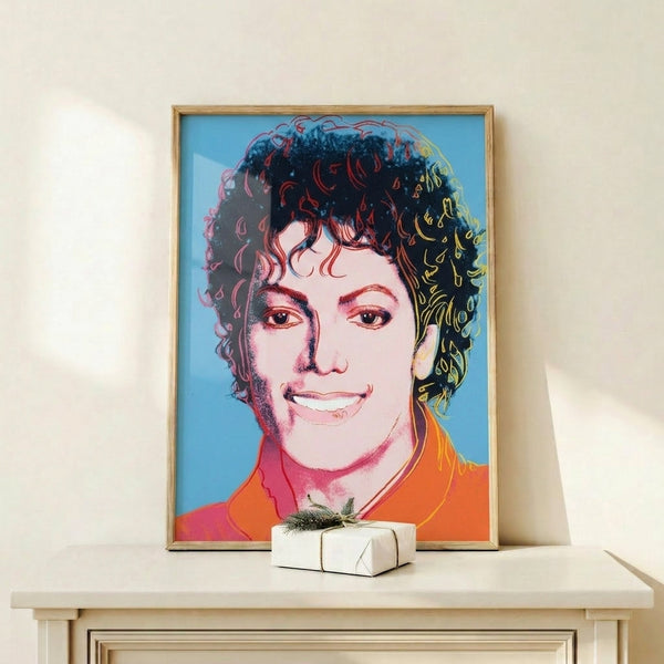 Framed pale blue pop art portrait capturing Michael Jackson's likeness with iconic 1980s pop culture aesthetic.