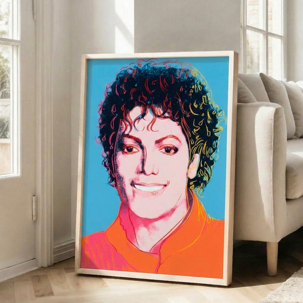 Michael Jackson pop art print in soft pale blue tones, modern celebrity portrait poster with screen print styling.