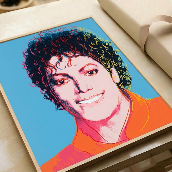 Michael Jackson series pop art poster in pale blue, vibrant modern wall art piece inspired by celebrity portraiture.