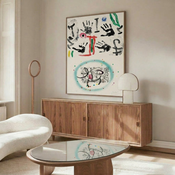 Framed abstract expressionist print featuring intersecting angular planes rendered in black with vivid red and blue color elements creating dynamic visual movement.