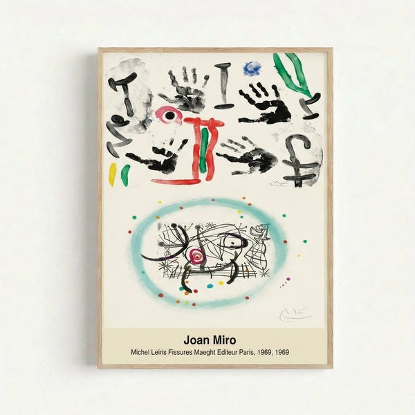 Framed Miro-inspired abstract art print displaying organic forms and fissures in black, red, blue, and yellow creating a playful yet introspective mood.