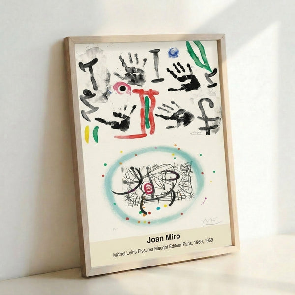 Modern abstract poster with floating biomorphic shapes rendered in black outlines and vibrant color accents of red, blue, and yellow on a white ground.