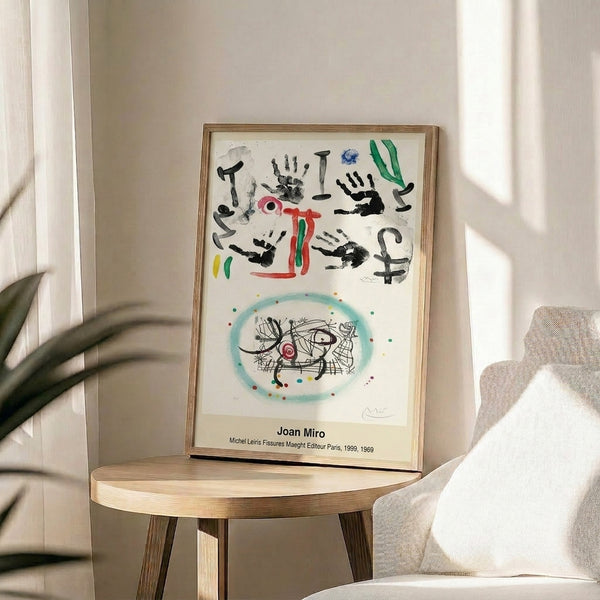 Abstract modern art print showcasing playful organic shapes and expressive line work in black with red, blue, and yellow color highlights on white.