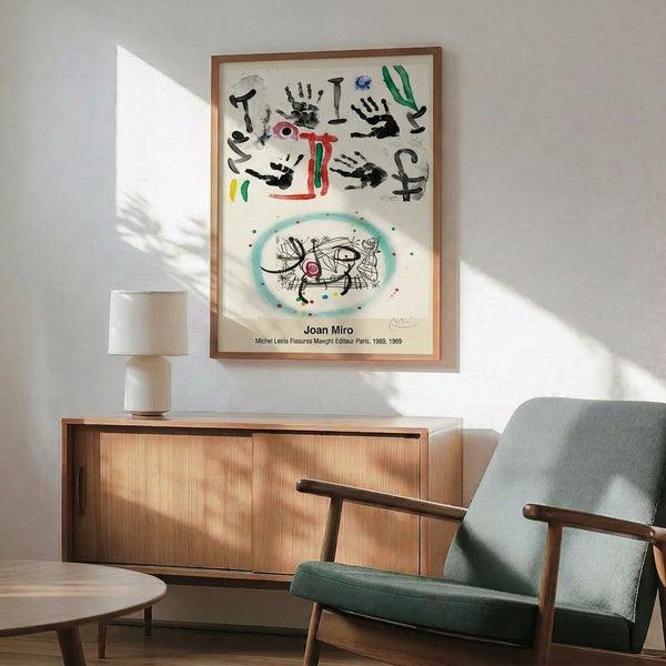 Surreal cubist-inspired framed poster with interlocking biomorphic forms and dynamic fissures rendered in black, red, blue, and yellow creating a contemporary aesthetic.