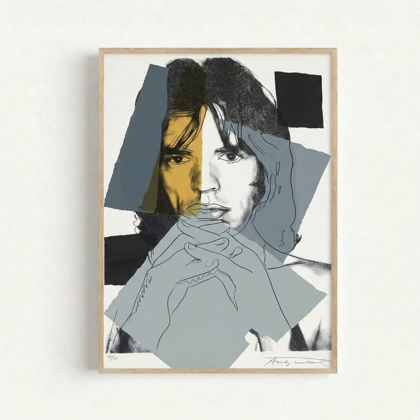 Vibrant Warhol-style portrait print of Mick Jagger featuring bright color blocking and iconic pop art aesthetic.