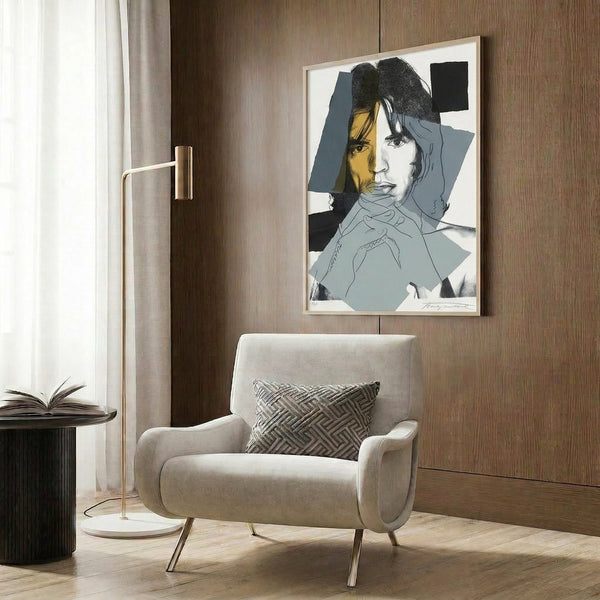 Colorful celebrity portrait print in pop art style showing Mick Jagger with dramatic color separation and graphic quality.