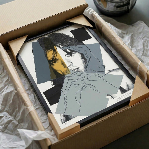 Pop art print of Mick Jagger with luminous color palette and graphic silhouette effect, modern decorative wall poster.