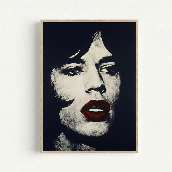 Colorful Warhol-inspired pop art print featuring Mick Jagger with striking contrasting hues and silkscreen aesthetic.