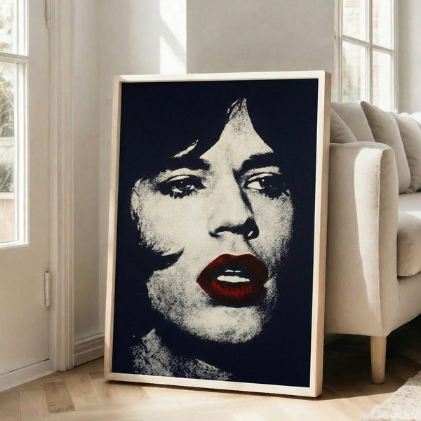 Modern wall art print showing Mick Jagger rendered in bright pop art style with layered color separation.