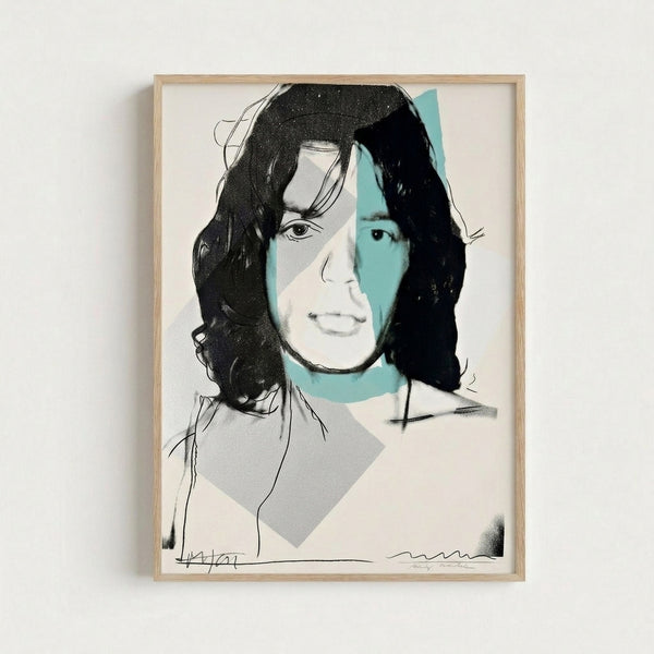 Colorful stylized portrait of Mick Jagger featuring bright hues and flat shapes in pop art aesthetic, displayed as framed wall art.