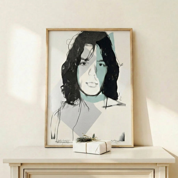 Bold pop art interpretation of Mick Jagger's face in saturated colors and graphic technique, hung as wall-mounted art print.