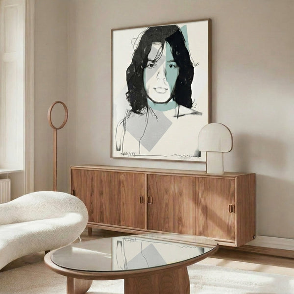 Vibrant pop art portrait of Mick Jagger using bright pigments and bold outlines, displayed as framed contemporary art.