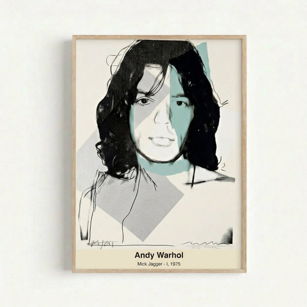 Vibrant Andy Warhol-style Mick Jagger portrait featuring striking color blocking in cream, pink, and yellow tones.