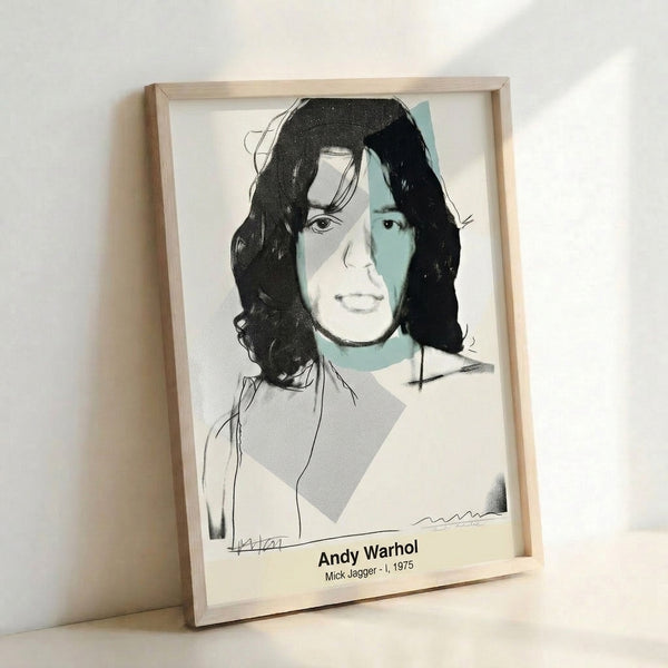 Edgy pop art print of a rock musician's face rendered in neon pink and blue with abstract brushwork and high contrast.