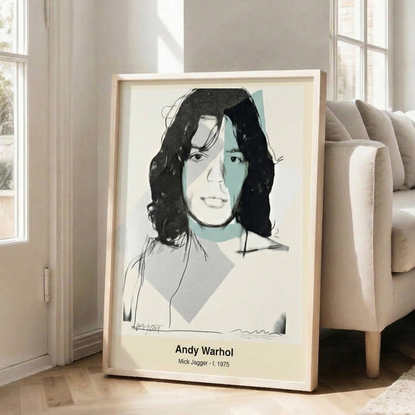 Modern portrait poster showcasing Mick Jagger in Warhol's signature pop art style with expressive electric color and bold graphic elements.