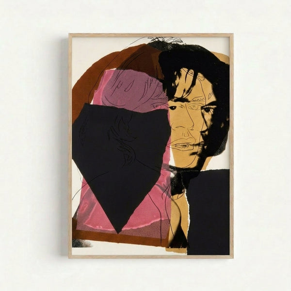 Abstract Warhol-style screen print featuring Mick Jagger's face in fluorescent tones and graphic silhouette form.