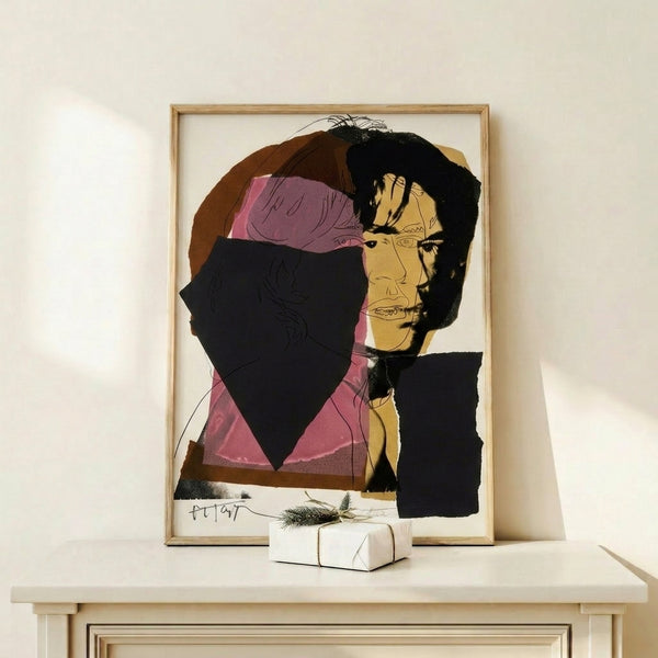 Modern pop art print of Mick Jagger rendered in striking saturated colors with graphic portrait styling.