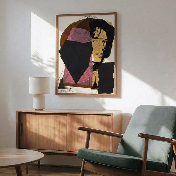 Warhol-inspired pop art framed print featuring Mick Jagger in vivid neon-toned colors and bold illustrative style.