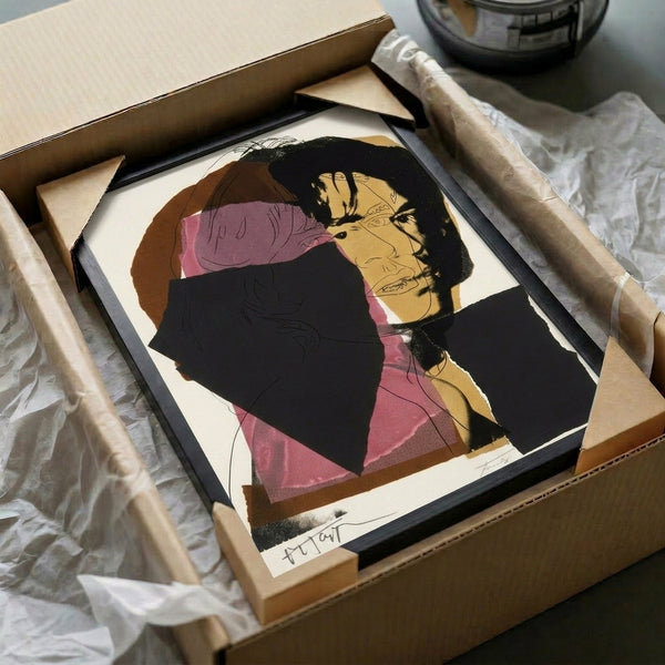 Contemporary pop art portrait of Mick Jagger with fluorescent color palette and graphic artistic treatment displayed as framed wall art.