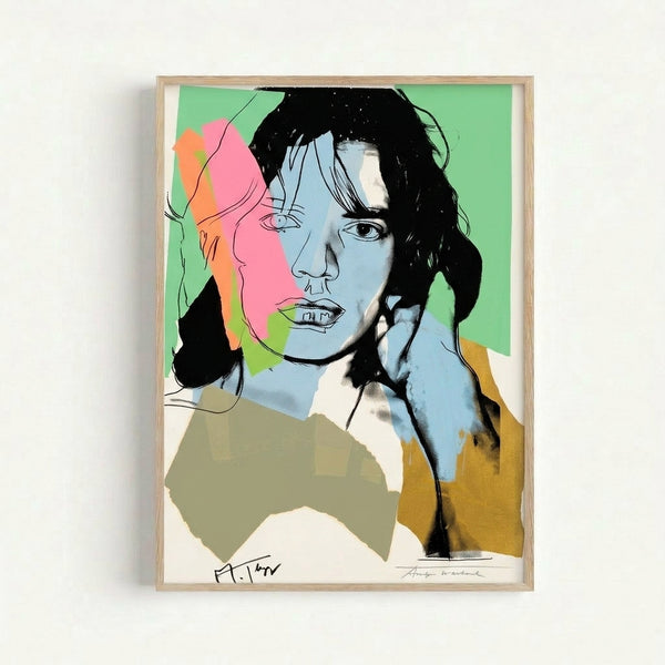 Stylized Mick Jagger portrait featuring saturated hues and high-contrast silkscreen printing, capturing the energy and attitude of the rock legend in modern pop art.