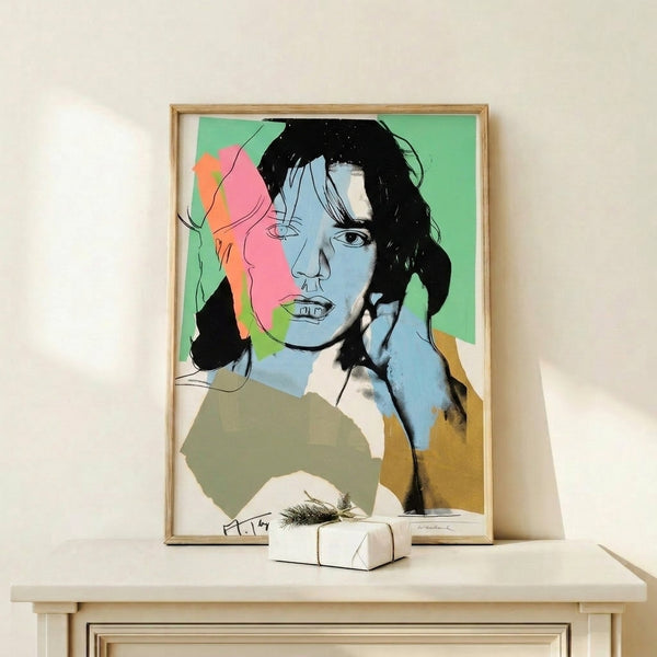 Bold pop art interpretation of Mick Jagger's face with striking color variations and graphic intensity, reflecting the vibrant aesthetic of 1970s American pop culture.