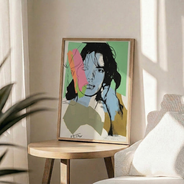 Mick Jagger pop art poster with luminous color blocking and dynamic contrast, rendered in the high-impact silkscreen style of the pop art movement.