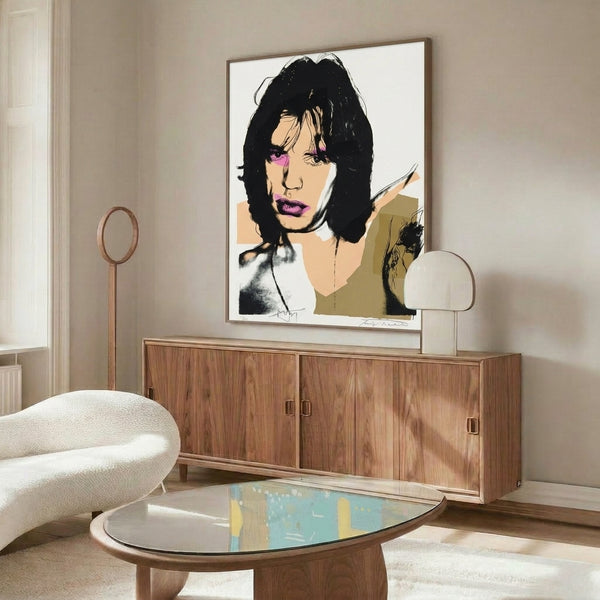 Dynamic celebrity portrait in vibrant pop art aesthetic with striking color combinations and graphic intensity, presented as a framed art print.