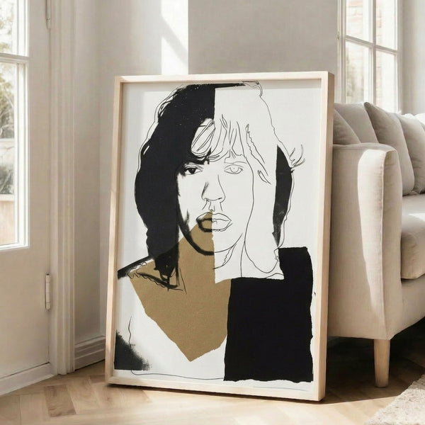 Mick Jagger portrait in contemporary pop art style showcasing bold color blocking and high-contrast printmaking, framed on wall.