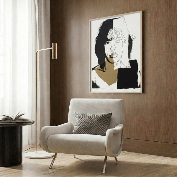 Colorful pop art-inspired portrait of rock icon Mick Jagger with bold hues and artistic stylization, framed print on wall.