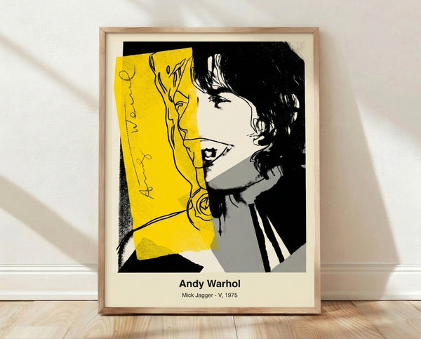 Bold pop art portrait of Mick Jagger in vibrant lime green, hot pink, and yellow with black outlines, capturing the charismatic rock star in abstract modern style.