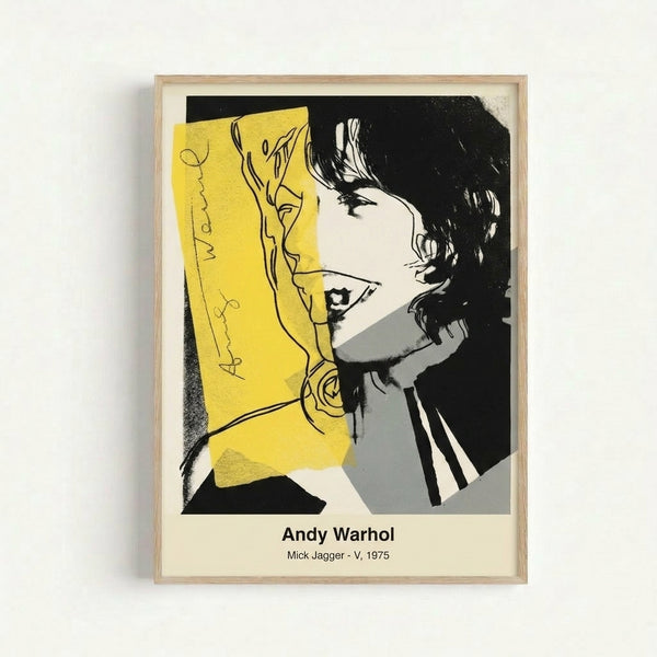 Framed pop art poster featuring Mick Jagger rendered in striking neon lime, hot pink, and orange tones with edgy black lines in Warhol-inspired portrait style.