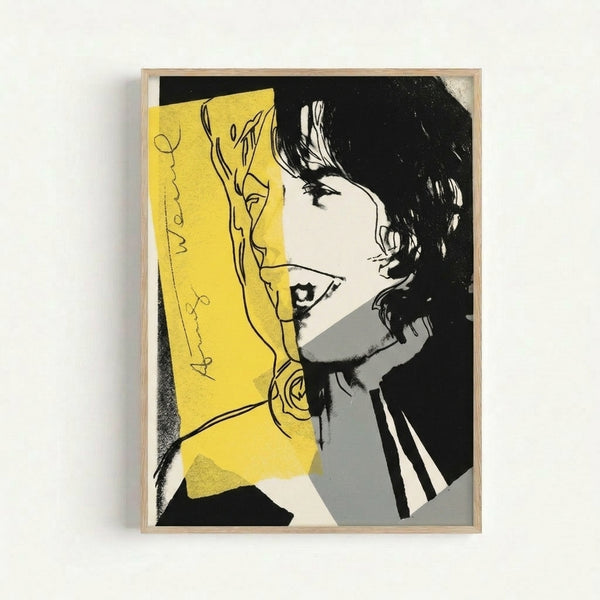 Colorful abstract portrait print featuring Mick Jagger with silkscreen-style layered hues and high-contrast design.