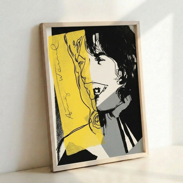 Framed contemporary art print of Mick Jagger in pop art style with vivid color blocking and graphic composition.