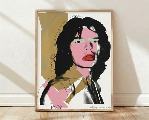 Bold pop art portrait of Mick Jagger in vibrant colors, framed poster featuring the iconic Rolling Stones frontman in Warhol's signature style.