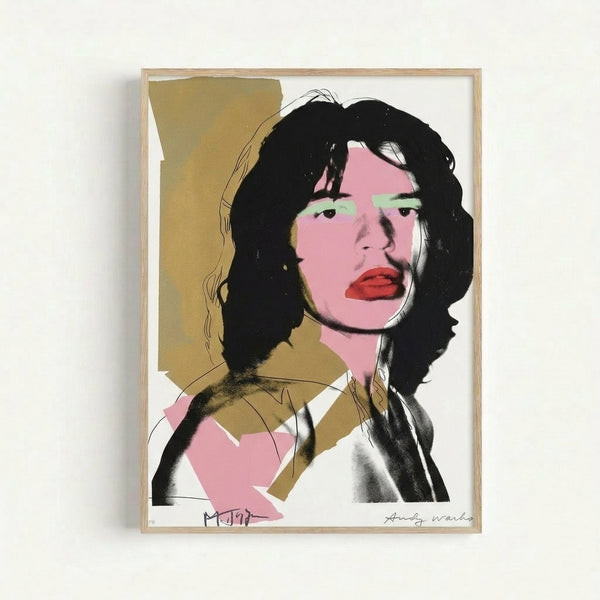Framed modern art print depicting Mick Jagger with striking color contrasts, a contemporary pop art take on the legendary musician's likeness.