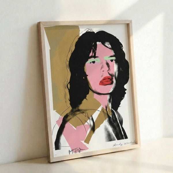 Colorful pop art portrait of Mick Jagger as a framed wall poster, featuring dynamic hues and bold graphic treatment in the style of contemporary art.