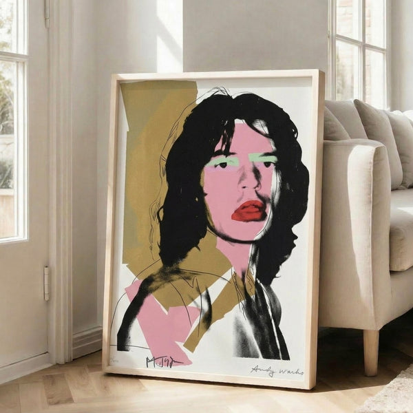Vibrant framed poster of Mick Jagger rendered in pop art aesthetic with intense color blocking and expressive portraiture.
