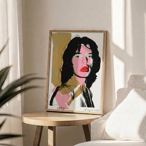 Pop art-style framed print celebrating Mick Jagger with bright, saturated colors and graphic simplification characteristic of modern portrait art.