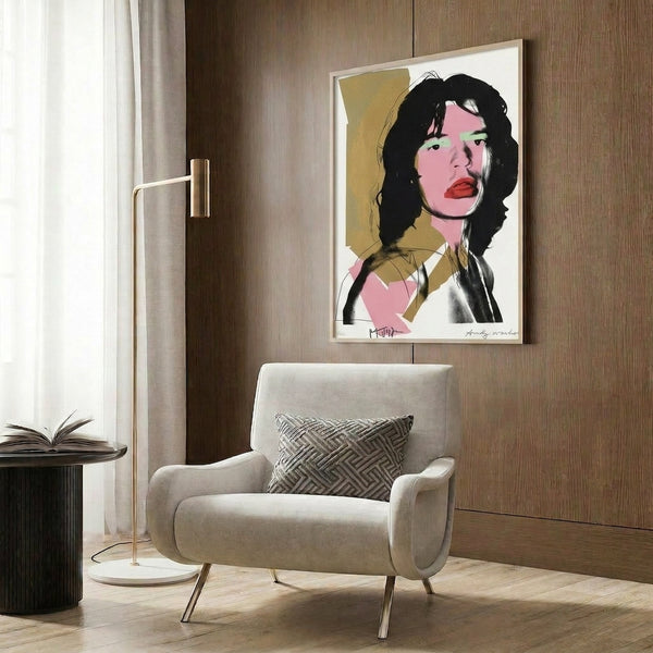 Contemporary pop art framed poster of Mick Jagger with striking color variations and high-contrast graphic design elements.