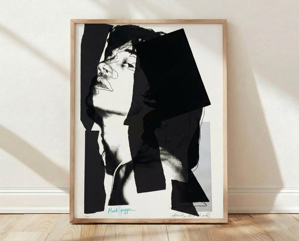 Pop art portrait of Mick Jagger in vibrant, contrasting colors with bold graphic treatment typical of Warhol's celebrity series.