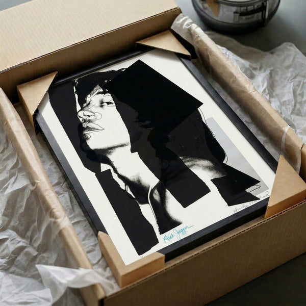 Mick Jagger pop art print on framed poster with vivid color palette and high-contrast graphic design in the style of 1970s celebrity art.