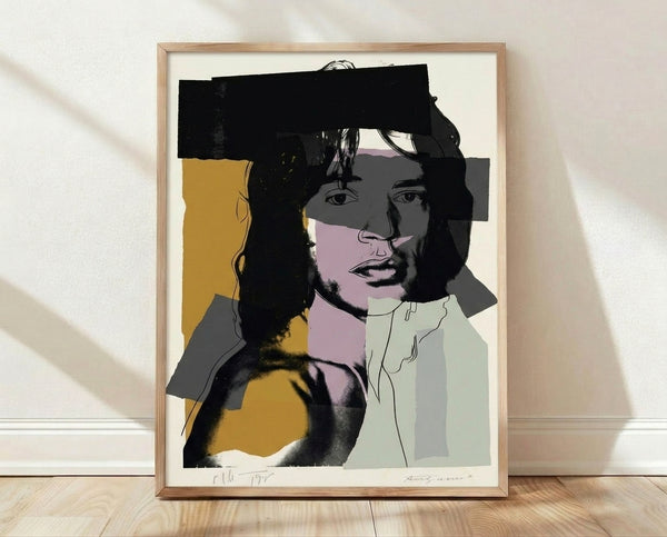 Pop art portrait of Mick Jagger with bold, vibrant color blocking and high-contrast layering in the style of Andy Warhol's iconic silkscreen technique.