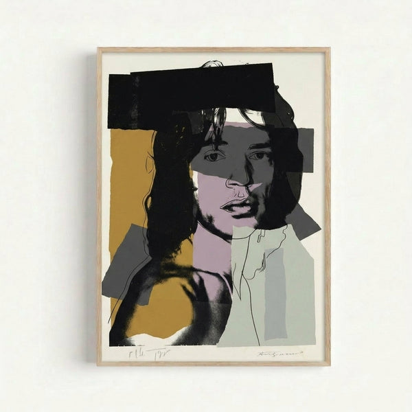 Framed pop art print featuring Mick Jagger's portrait in striking jewel tones and neon hues, rendered in Warhol's signature repetitive color variation style.