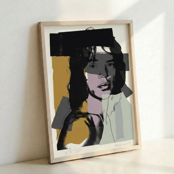 Warhol-inspired portrait of Mick Jagger in vivid fuchsia, turquoise, and lime green, capturing the energy of the Rolling Stones frontman in pop art form.
