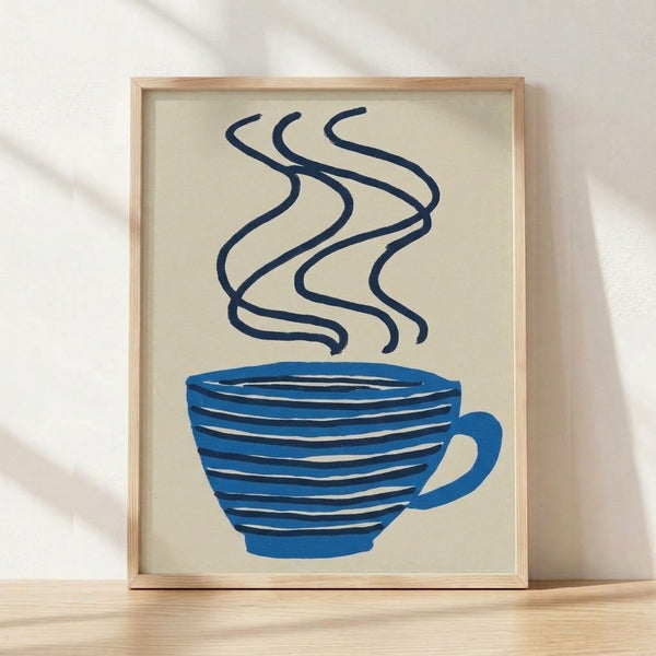 Minimalist midcentury modern poster featuring a navy blue coffee cup with light blue steam wisps rising from it, rendered in calm, warm tones against a cream and white background.