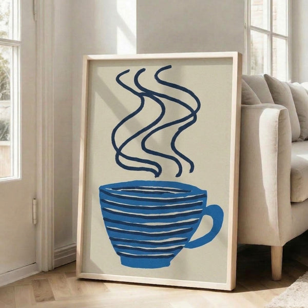 Serene japandi-inspired art print of a steaming coffee cup in navy and light blue hues, exemplifying minimalist midcentury design with an inviting, peaceful aesthetic.