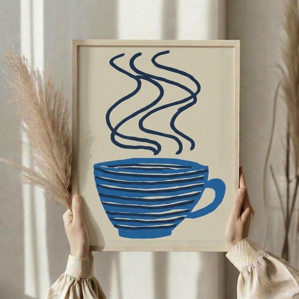 Wabi sabi wall art depicting a simple blue coffee cup with delicate steam, combining minimalist midcentury style with warm, calming navy, light blue, and cream tones.